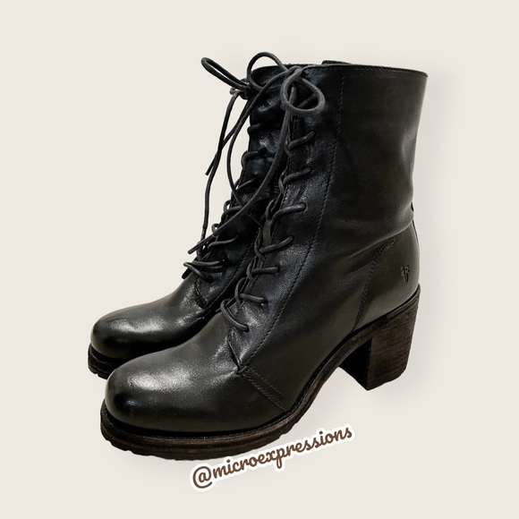 $429 Frye Karen Lace Up Black Real Leather Combat Short Chunky Comfy Ankle Boot - Picture 12 of 16